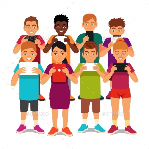 Group of Kids Looking into Their Tablets - People Characters