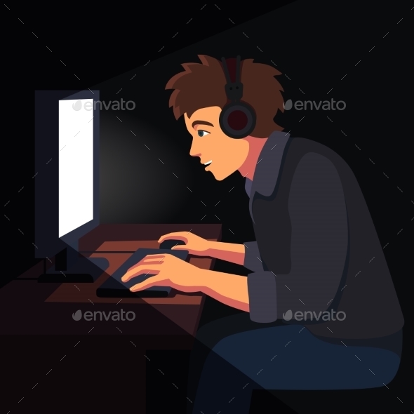 Man Sitting at the Desktop PC Computer Screen - People Characters