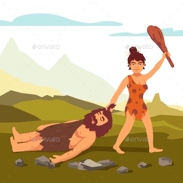 Stone Age Primitive Woman Dragging Bearded Man - People Characters