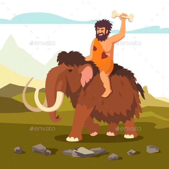 Stone Age Primitive Man Riding Mammoth - Animals Characters