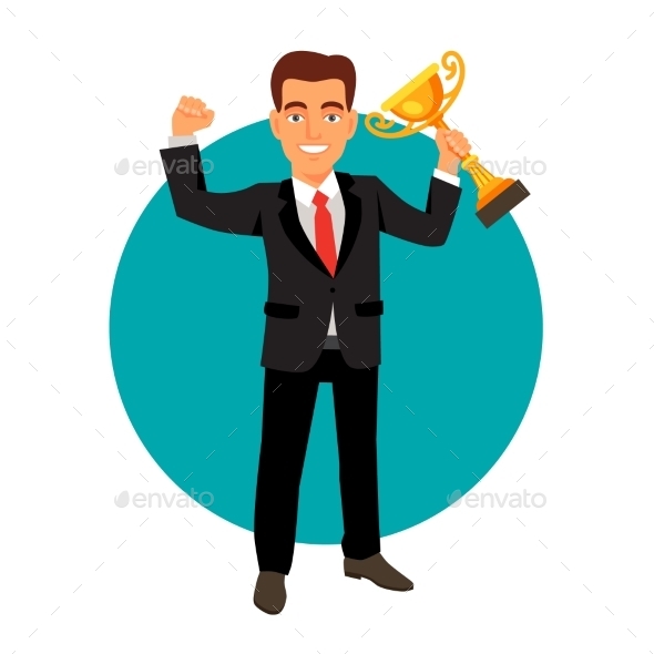 Celebrating Businessman Holding Winner Cup Trophy - People Characters