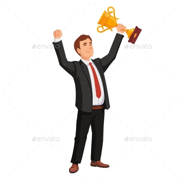 Celebrating Businessman Holding Winner Cup Trophy - People Characters