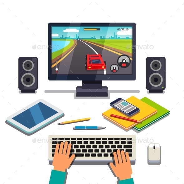 Student is Gaming on a Desktop Computer PC - Computers Technology