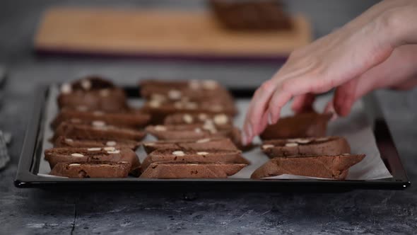 Closeup of Chocolate Hazelnut Biscotti Cookies Baked on a Baking Sheet