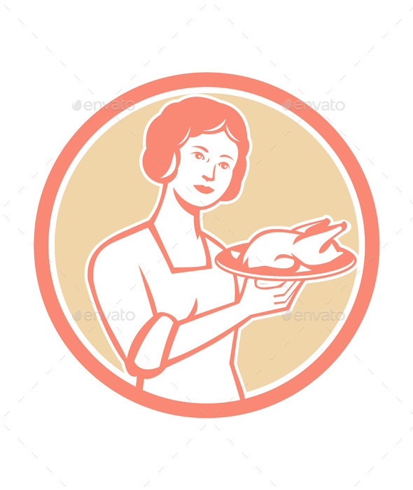 Housewife Serving Chicken Roast Circle Retro - People Characters