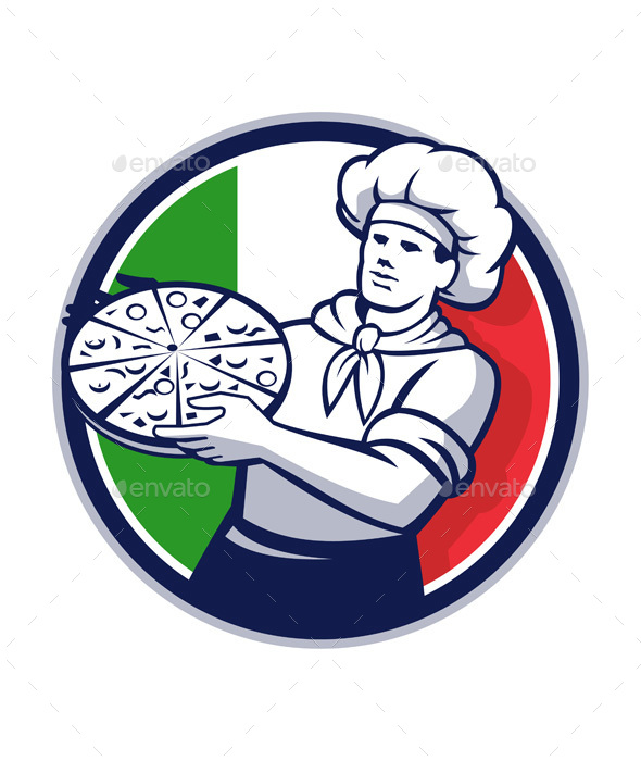 Pizza Chef Holding Pizza Italy Flag Retro Circle - People Characters