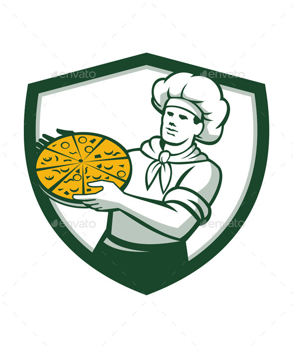 Pizza Chef Holding Pizza Retro Shield - People Characters