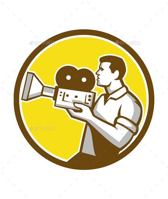 Cameraman Cradling Vintage Movie Camera Retro Circle - People Characters