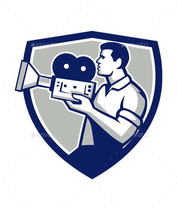 Cameraman Cradling Vintage Movie Camera Retro Crest - People Characters