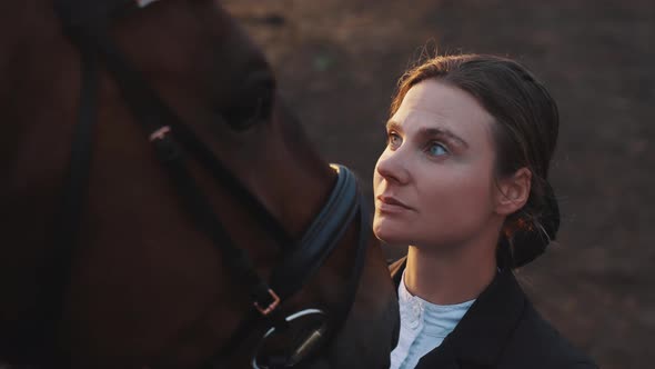 Horsewoman Looking Affectionately At Her Horse  Sunset Time  Love For Horses alt