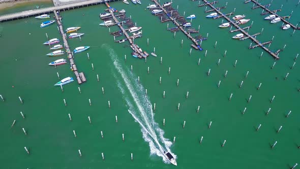 Aerial view of sail boats docked in port at Pattaya sea, beach. Chonburi, Thailand.