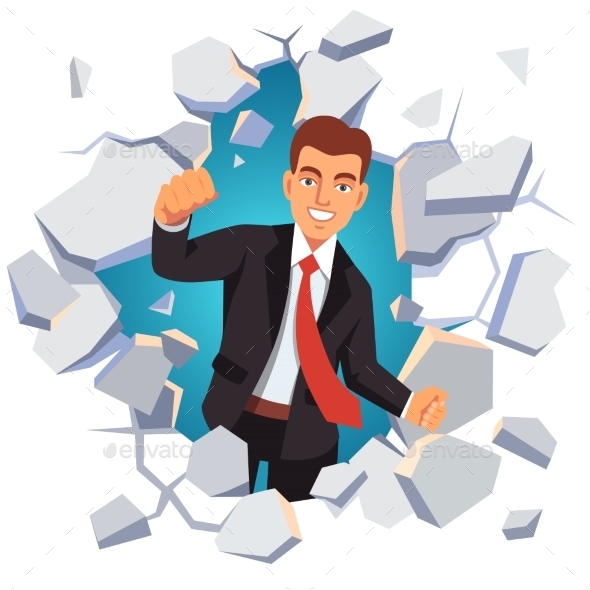 Business Man Breaking Through White Concrete Wall - Concepts Business