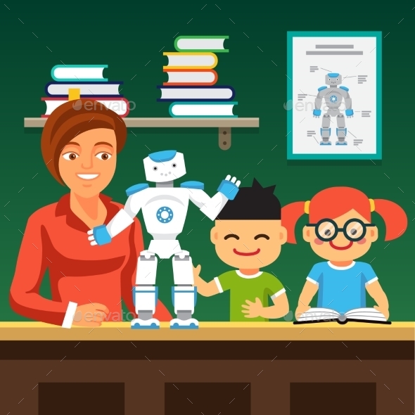 Students Learning Robotics with Teacher and Robot - Miscellaneous Characters