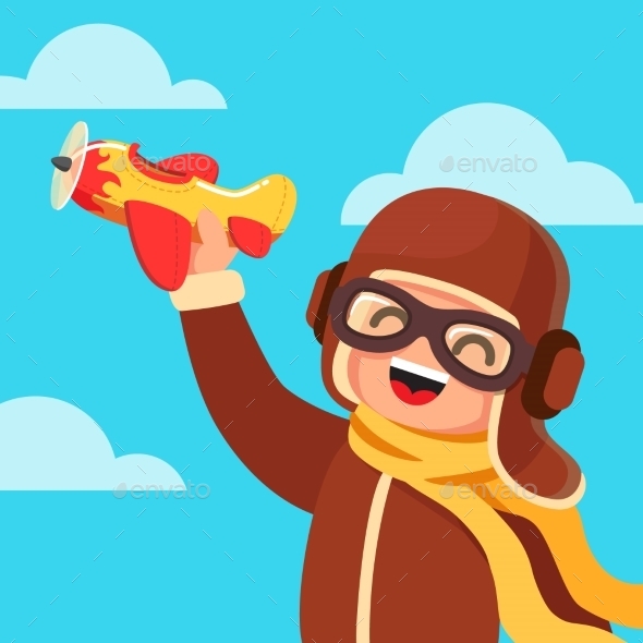 Kid Dressed Like a Pilot Playing with Toy Plane - People Characters