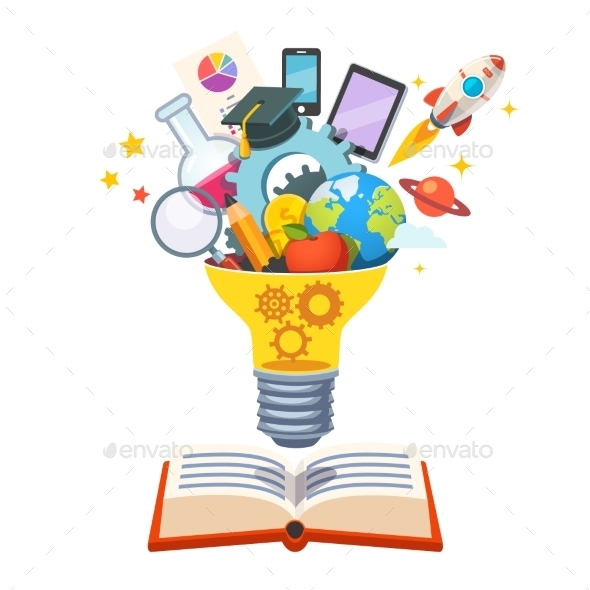 Light Bulb with Gears Inside Floating Over Book - Abstract Conceptual
