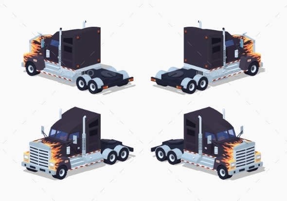 Black Heavy American Truck with a Fire Pattern - Man-made Objects Objects