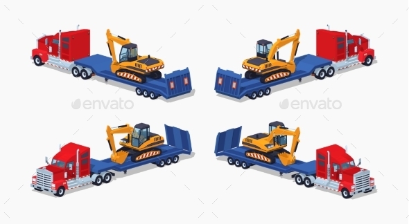 Red Heavy Truck with Yellow Excavator - Man-made Objects Objects