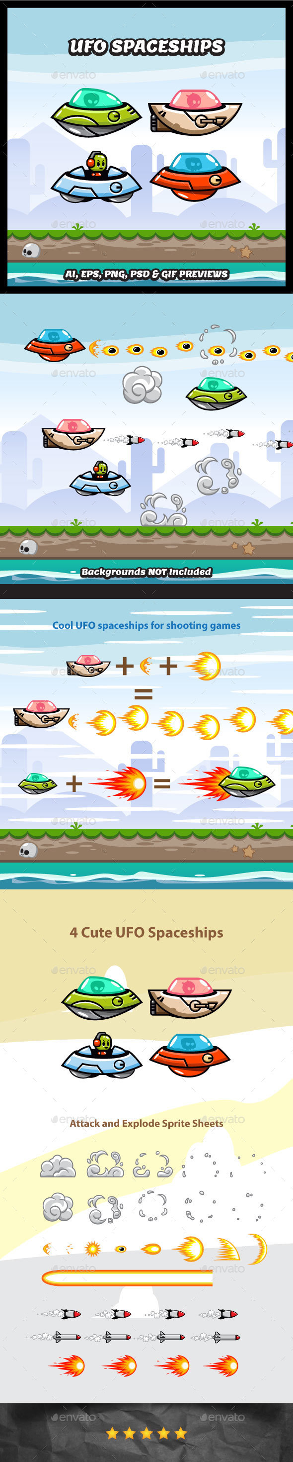 4 UFO Spaceship Game Character - Sprites Game Assets