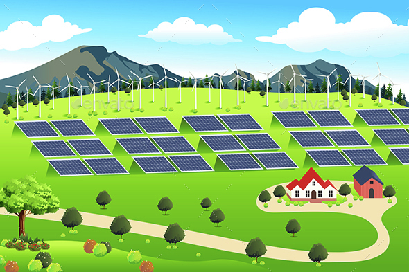 Wind Turbines and Solar Panels Farm - Landscapes Nature