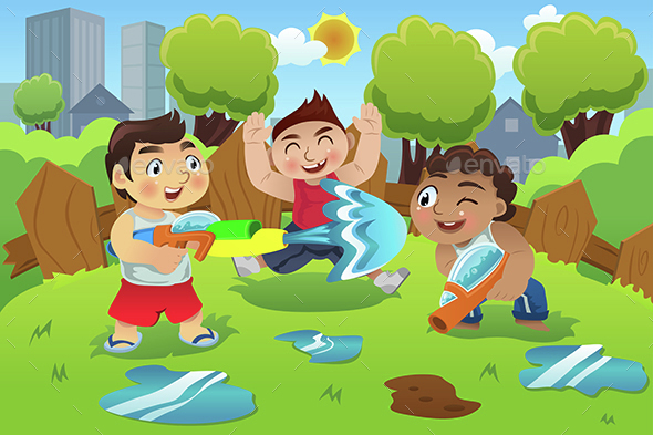 Kids Playing with Water Guns - People Characters