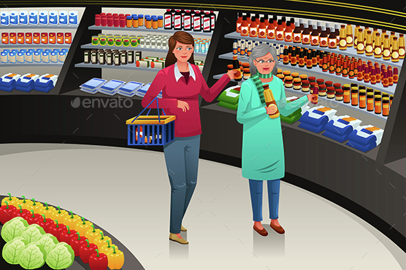 Girl and Grandmother Going Grocery Shopping - Retail Commercial / Shopping