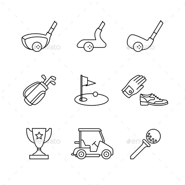 Golf Sport and Equipment Thin Line Art Icons Set - Sports/Activity Conceptual