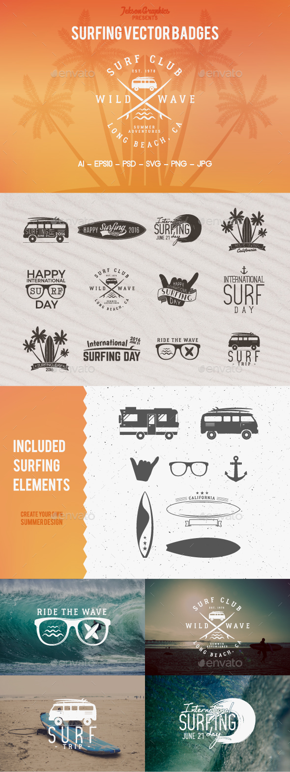 Summer Surfing Badges & Elements - Badges & Stickers Web Elements