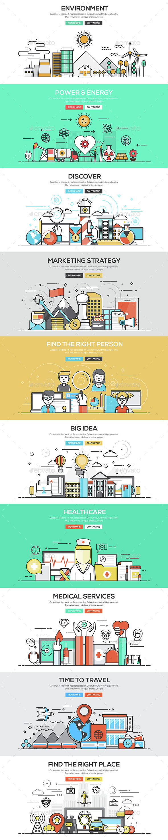 Set of Flat Line Color Banners - Concepts Business