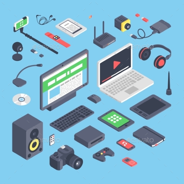 Vector Set Of Isometric Computer Devices Icons. - Computers Technology