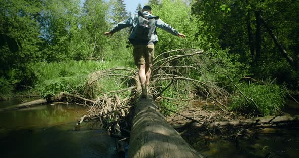 Tourist Crosses the River to the Other Side By Going on the Old Fallen Tree Summer Hiking 60p Prores