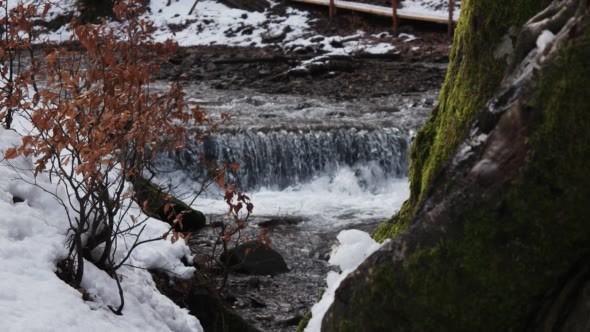 Mountain River Waterfall in Spring Forest. alt