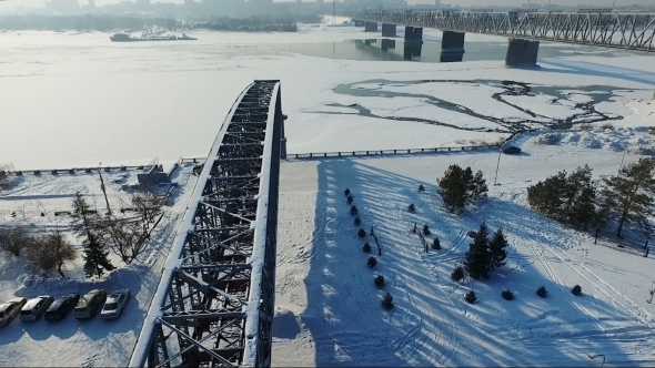 Flight Over The Bridge Element. Flying Over The Frozen River. Bridge Over River