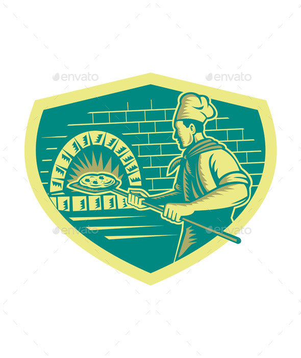 Pizza Maker Holding Peel Crest Woodcut - People Characters