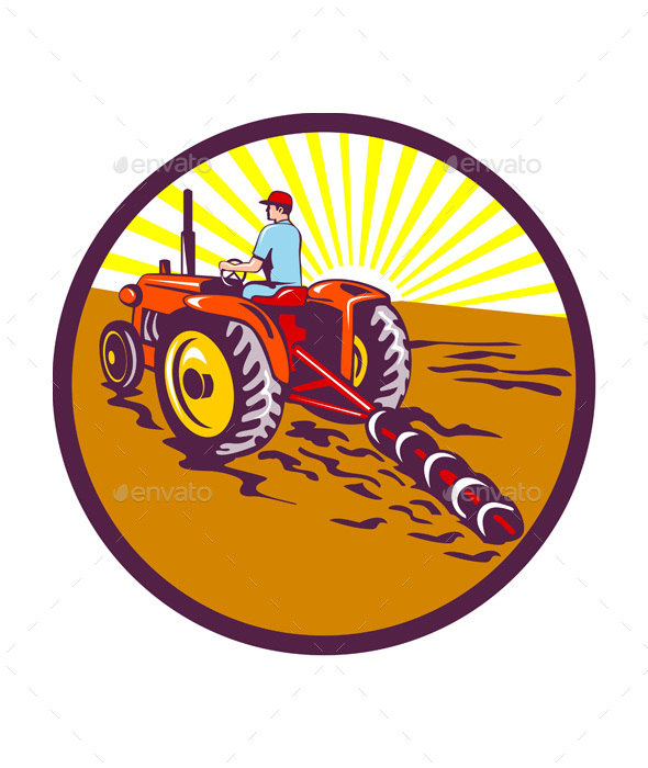 Farmer on Tractor Circle Retro - People Characters