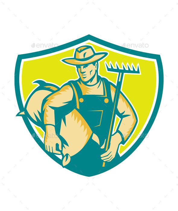 Organic Farmer Rake Sack Shield Woodcut - People Characters