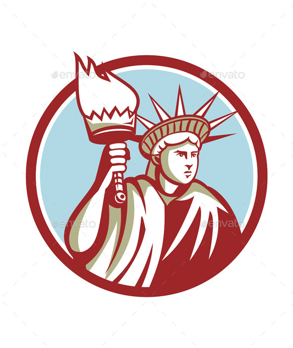 Statue of Liberty Holding Flaming Torch Circle Retro - Miscellaneous Vectors