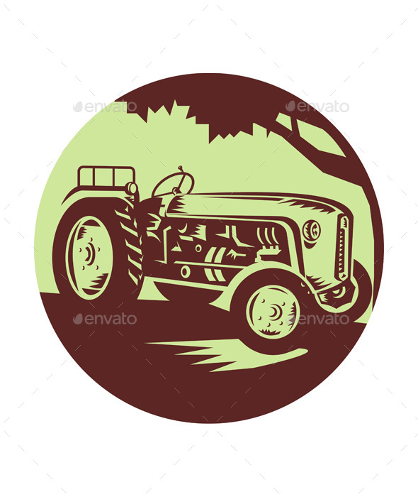 Vintage Farm Tractor Circle Woodcut - Travel Conceptual