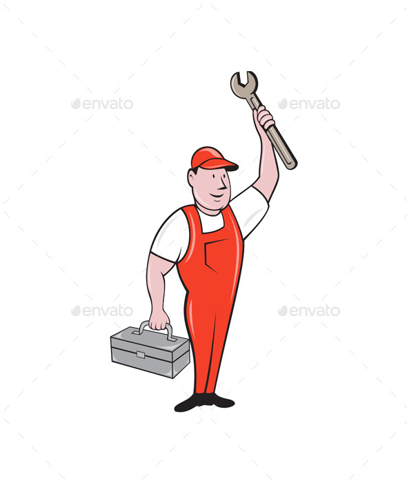 Mechanic Raising Wrench Holding Toolbox Cartoon - People Characters