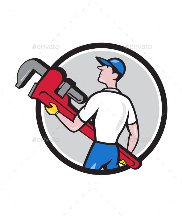 Plumber Carrying Monkey Wrench Circle Cartoon - People Characters