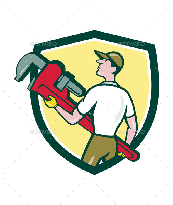 Plumber Carrying Monkey Wrench Crest Cartoon - People Characters