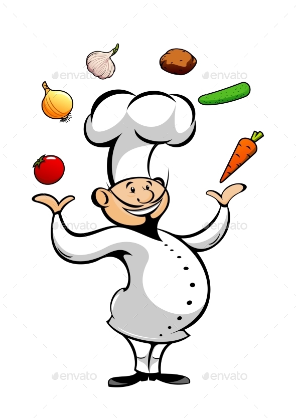 Cartoon Chef Juggling Fresh Vegetables - People Characters