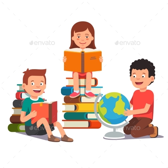 Group of Kids Studying and Learning Together - People Characters