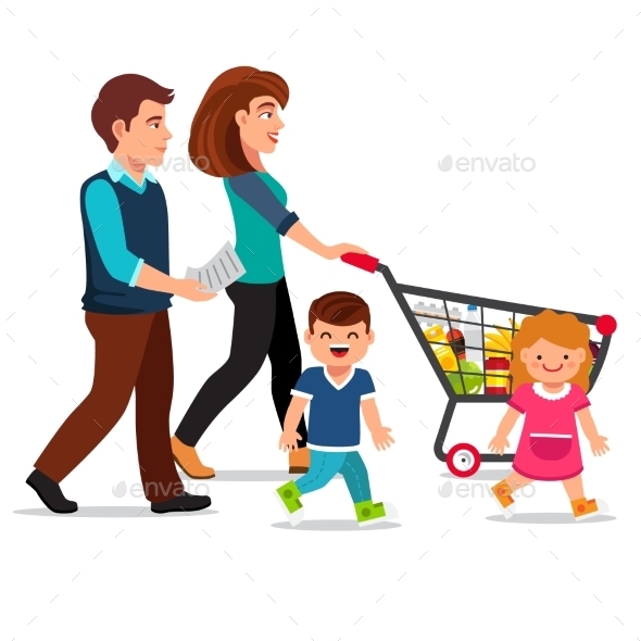 Family Walking with Shopping Cart - People Characters