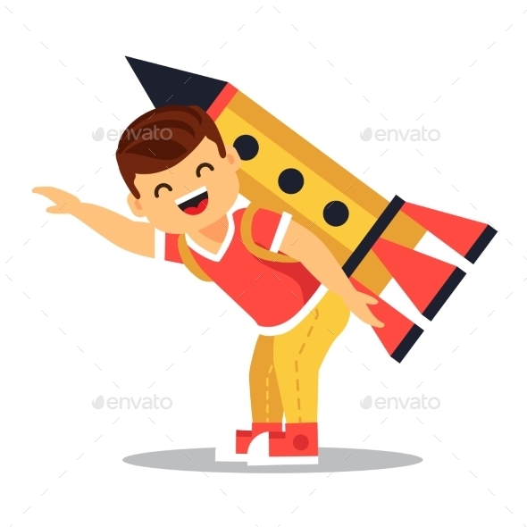Boy Playing with Cardboard Space Rocket - People Characters