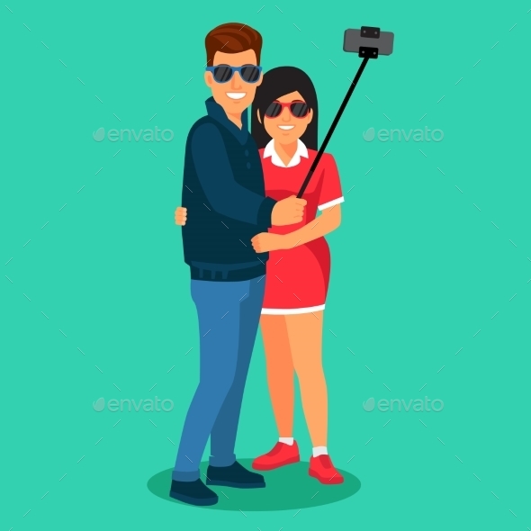 Couple Photographing Themselves on Selfie Stick - People Characters