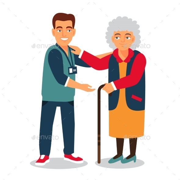 Young Man with Badge Helping an Old Lady - People Characters