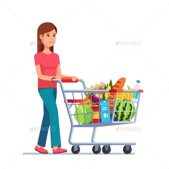 Young Woman Pushing Supermarket Shopping Cart - People Characters