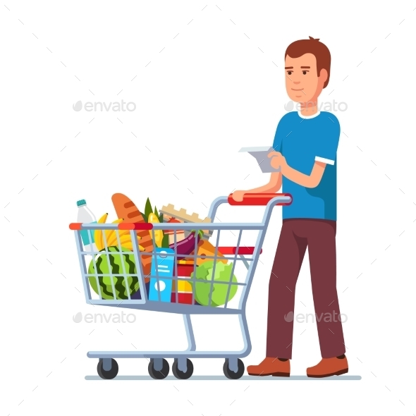 Young Man Pushing Supermarket Shopping Cart - People Characters