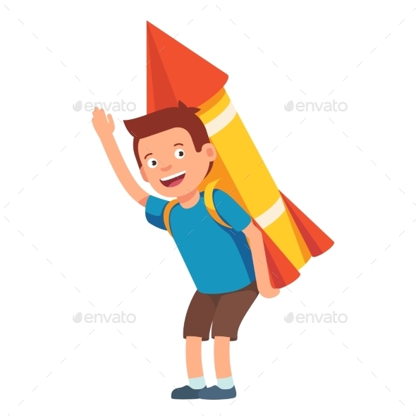 Boy Playing with Cardboard Space Rocket - People Characters