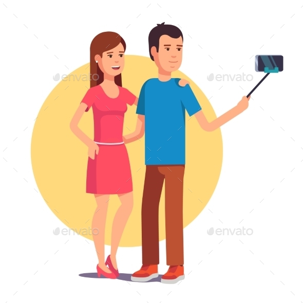 Couple Photographing Themselves on Selfie Stick - People Characters